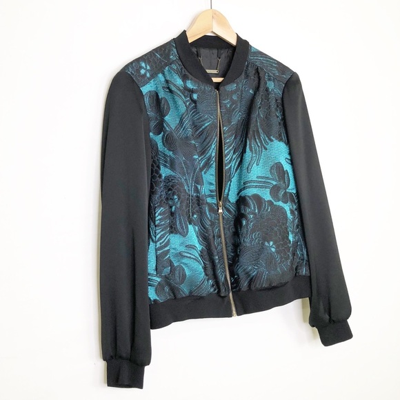 Trina Turk floral jacquard black and emerald green bomber jacket - Picture 11 of 12